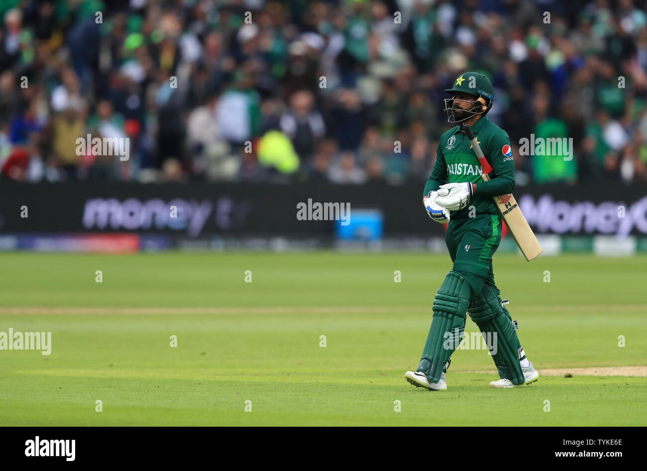 Pakistan's Mohammad Hafeez walks off after being dismissed during the ICC cricket World Cup group stage match at Edgbaston, Birmingham. Stock Photo