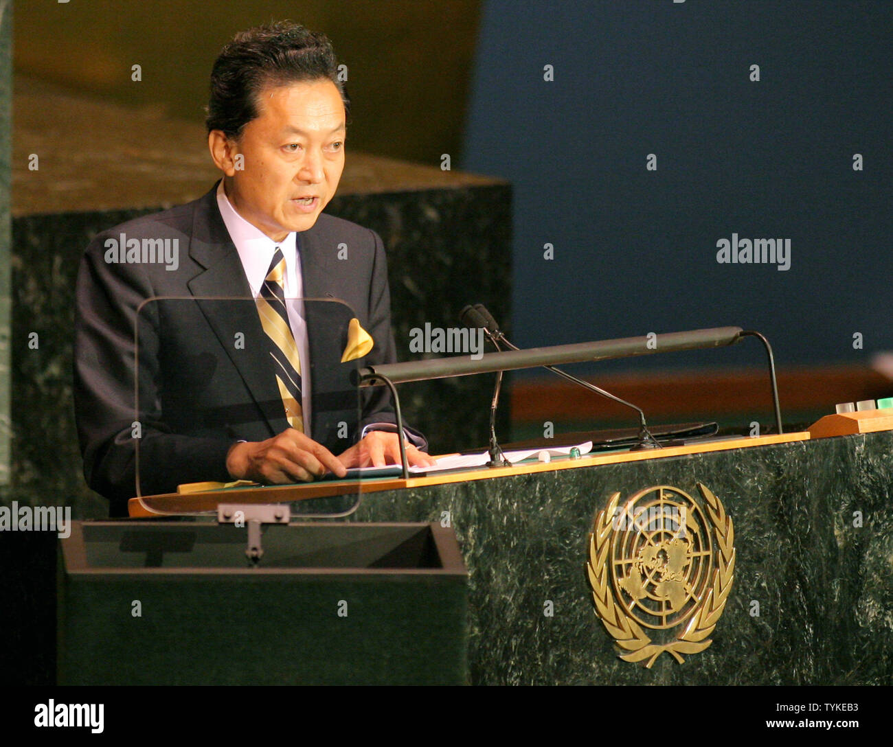 Japan Prime Minister Yukio Hatoyama addresses the 64th General Assembly at the United Nations on  September 24, 2009 in New York City.     UPI /Monika Graff Stock Photo