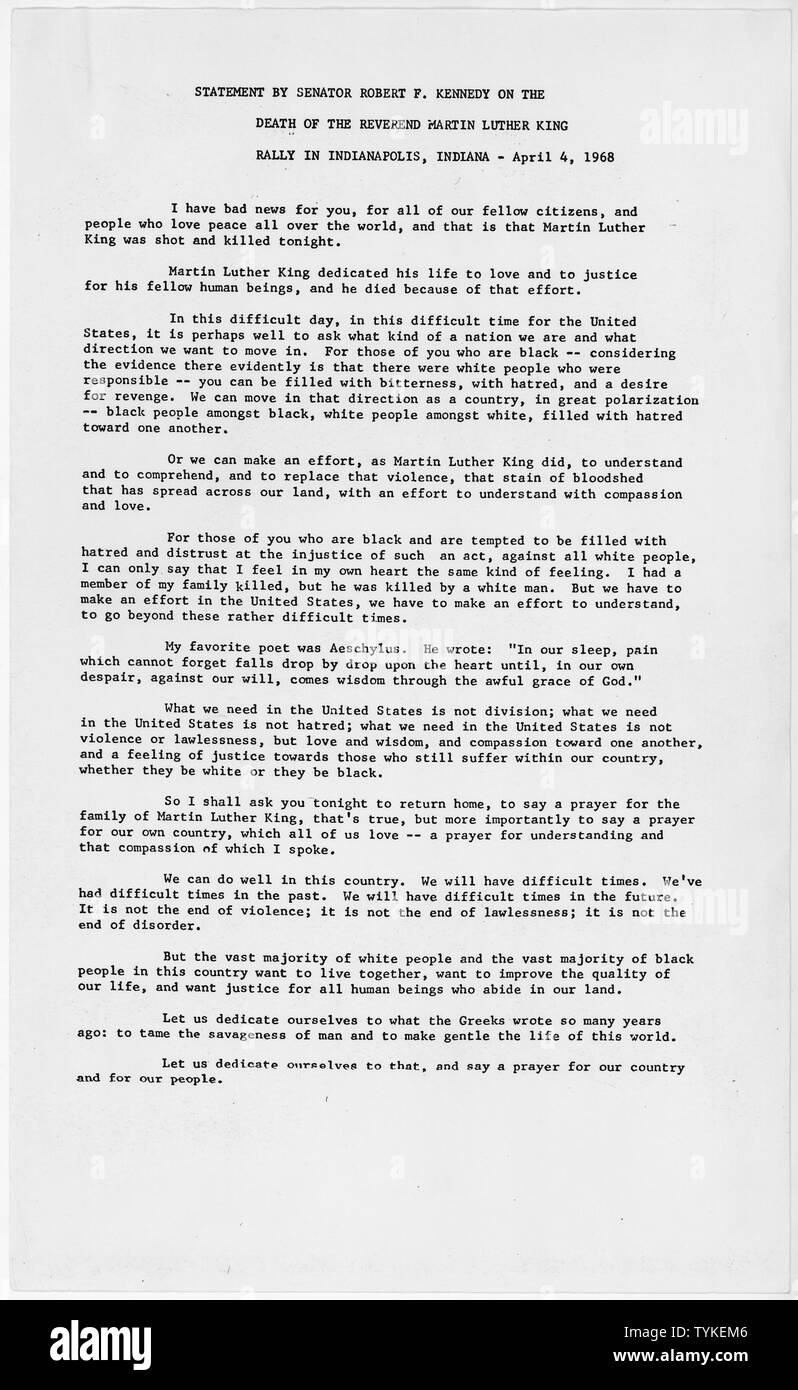 Statement by Senator Robert F. Kennedy on the Death of the Reverend Martin Luther King April 4, 1968; Scope and content:  Remarks by Senator Robert F. Kennedy at a campaign rally in Indianaplis, Indiana following the assassination of Martin Luther King, Jr. Stock Photo