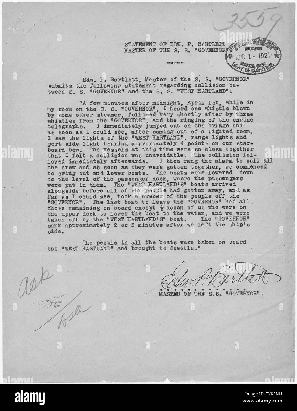 Statement Of Edw P Bartlett Master Of The Governor Scope And