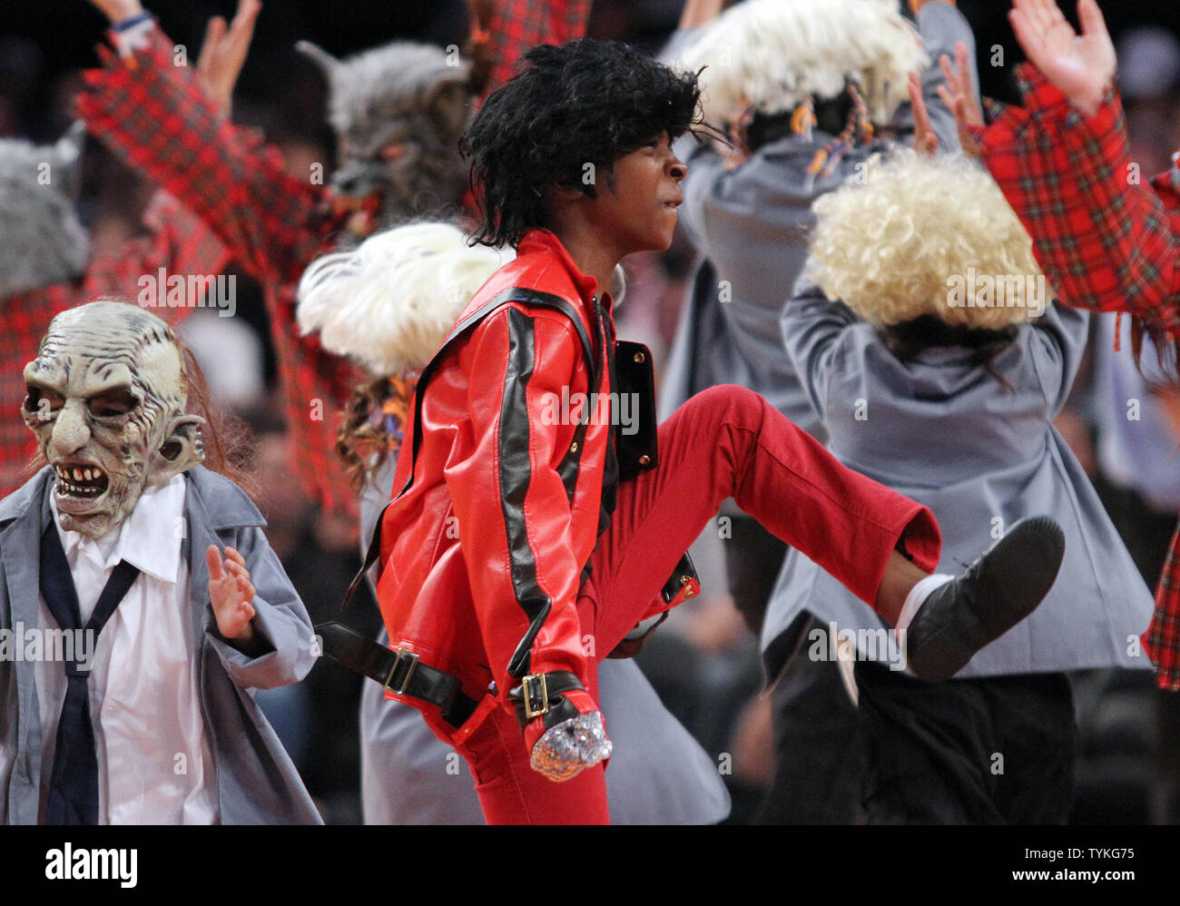 The Knicks City Kids dance to Michael Jackson's Thriller during a time out as the New York Knicks play the Philadelphia 76ers at Madison Square Garden in New York City on October 31, 2009.    UPI/John Angelillo Stock Photo