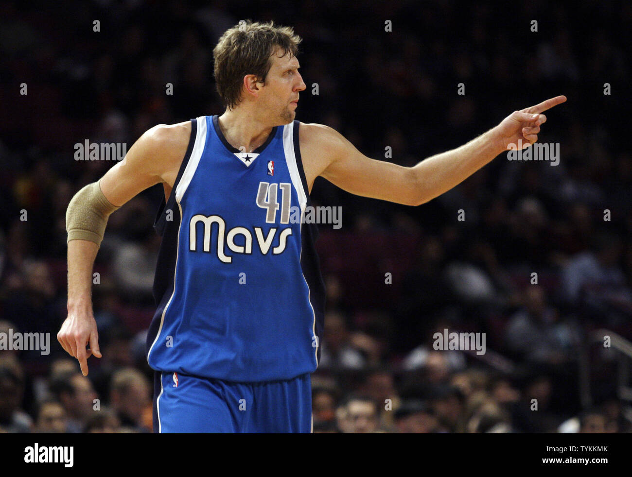 Dallas Mavericks Dirk Nowitzki points to a teammate after scoring 2 points in the third quarter against the New York Knicks at Madison Square Garden in New York City on January 24, 2010. The Mavericks defeated the Knicks by 50 points 128-78.    UPI/John Angelillo Stock Photo