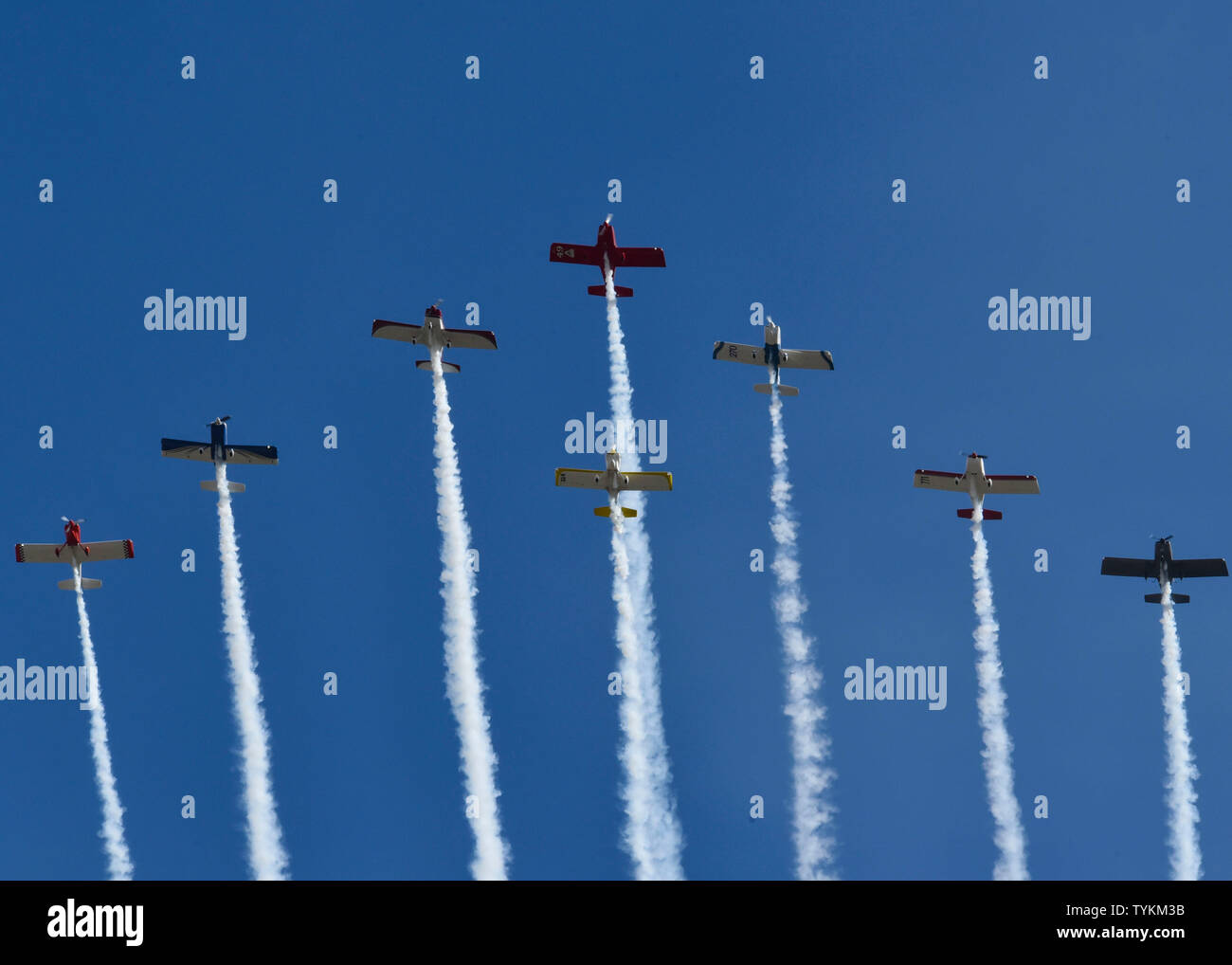 The Lightning Formation Airshows demonstration team performs an aerial