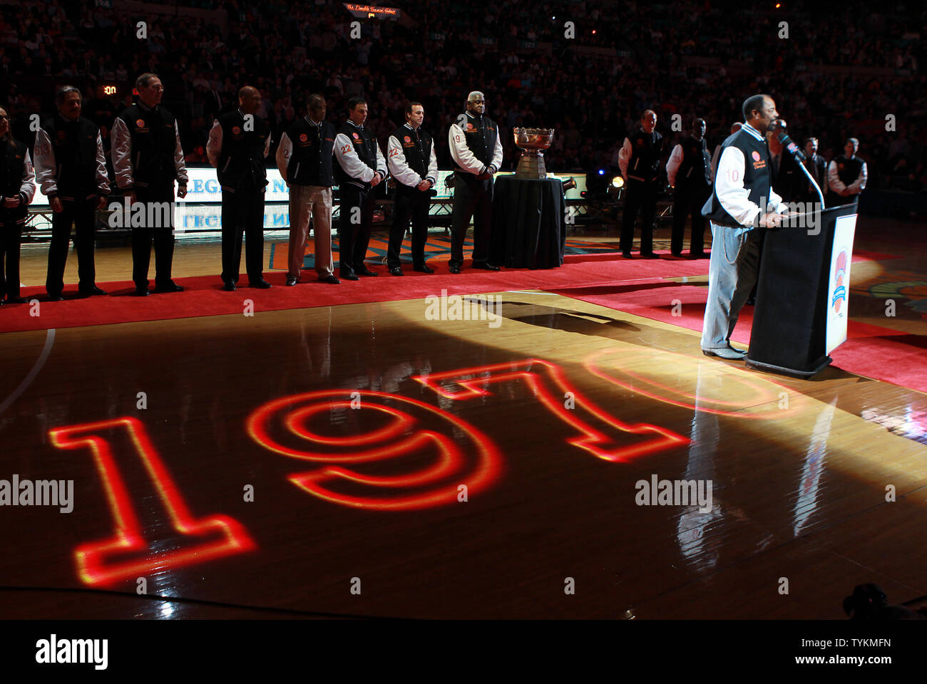 Willis Reed speaks as the 1970 World Champion New York Knicks team is honored at halftime of the Milwaukee Bucks, New York Knicks game at Madison Square Garden in New York City on February 22, 2010.       UPI/John Angelillo Stock Photo