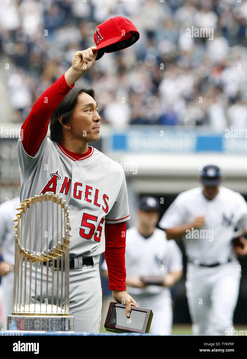 Los Angeles Angels of Anaheim Hideki Matsui reacts after receiving his World  Series championship ring on opening day before a game against the New York  Yankees at Yankee Stadium in New York
