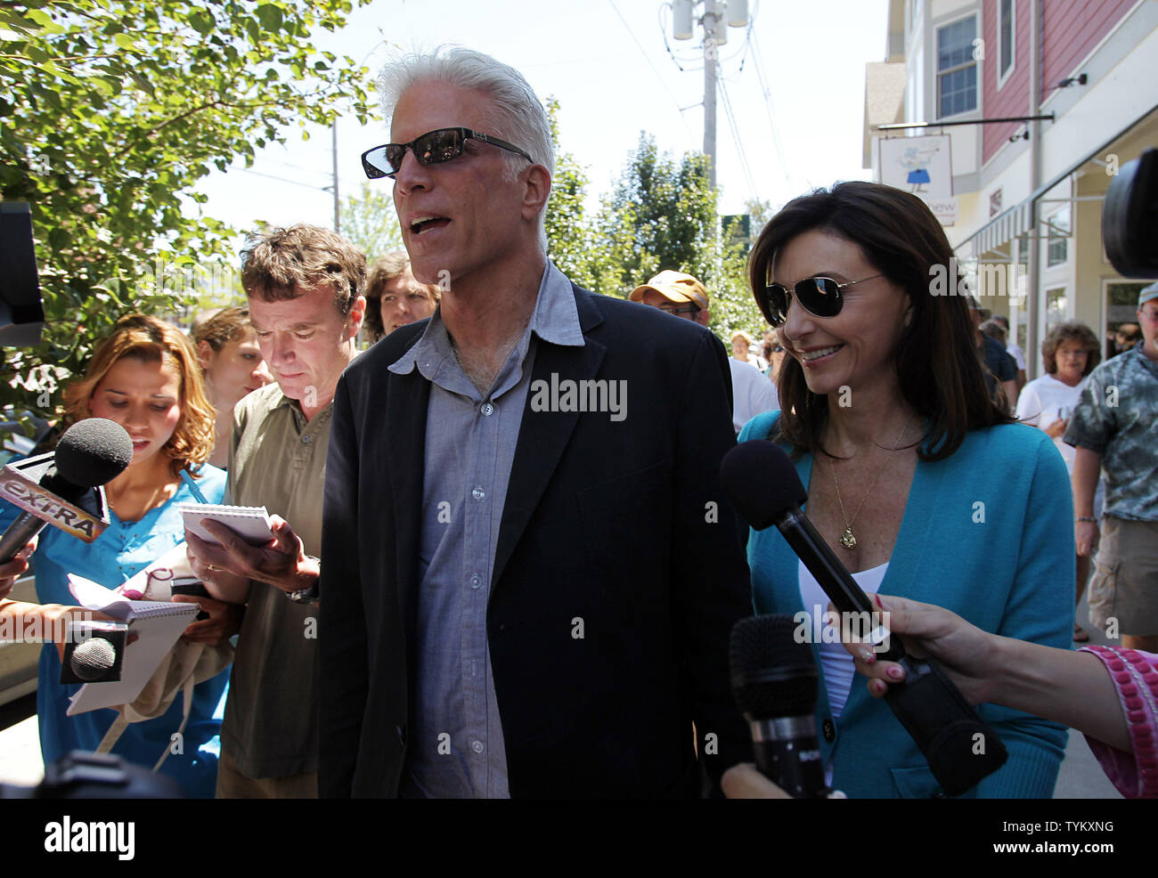 A crowd gathers around Ted Danson and Mary Steenburgen on hours before the  wedding of Chelsea