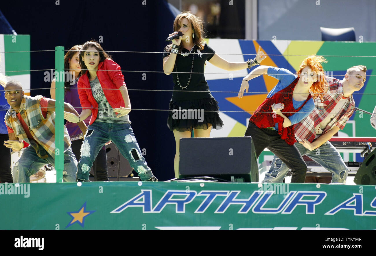 Demi Lovato performs during Arthur Ashe Kids' Day at the US Open held at the National Tennis Center on August 28, 2010 in New York.      UPI /Monika Graff... Stock Photo