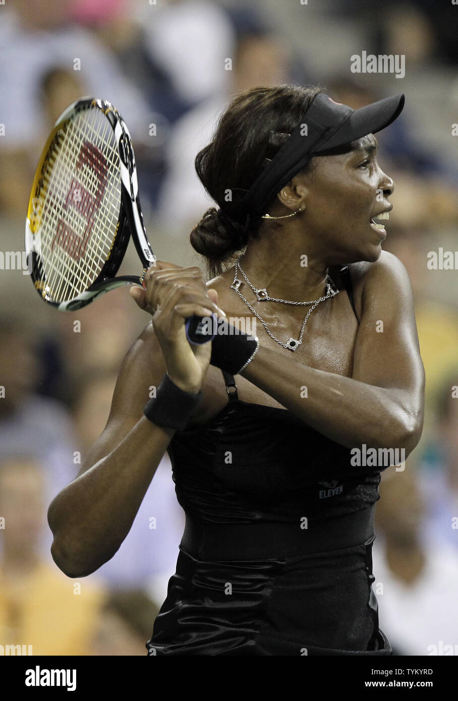 Venus Williams of the USA hits a backhand to Roberta Vinci of Italy in the first round of the U.S. Open Tennis Championships in Arthur Ashe Stadium in New York City on August 30, 2010.         UPI/John Angelillo Stock Photo