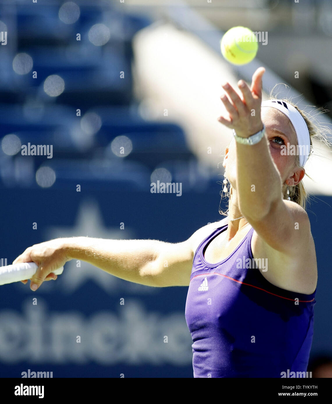 Melanie Oudin of USA serves the ball to Olga Savchuk of Ukraine during first-round action at the U.S. Open held at the National Tennis Center on August 30, 2010 in New York.     UPI Photo/Monika Graff... Stock Photo