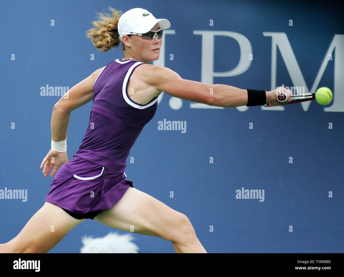 Samantha Stosur of Australia returns the ball to Sara Errani of Italy during third-round action at the U.S. Open held at the National Tennis Center on September 3, 2010 in New York.    UPI Photo/Monika Graff... Stock Photo