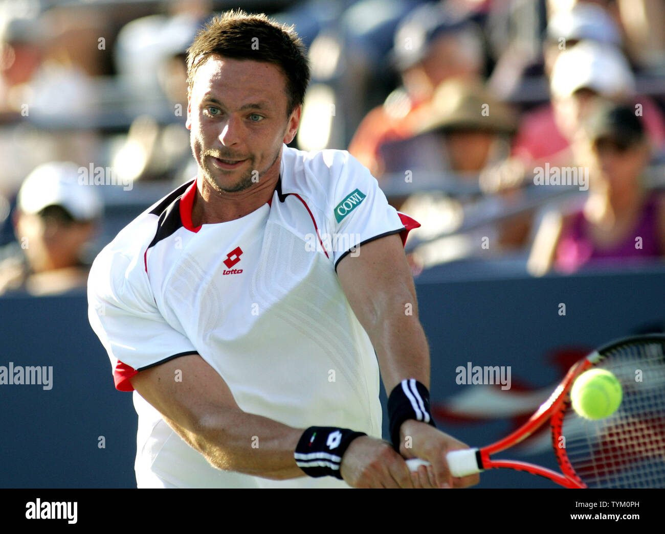 Robin Soderling of Sweden returns the ball to Albert Montanes of Spain during fourth-round action at the U.S. Open held at the National Tennis Center on September 6, 2010 in New York.     UPI /Monika Graff Stock Photo