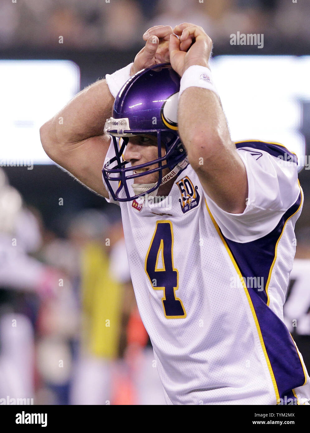 Minnesota Vikings Brett Favre reacts after a play in week 5 of the NFL  season against the New York Jets at New Meadowlands Stadium in East  Rutherford, New Jersey on October 11,