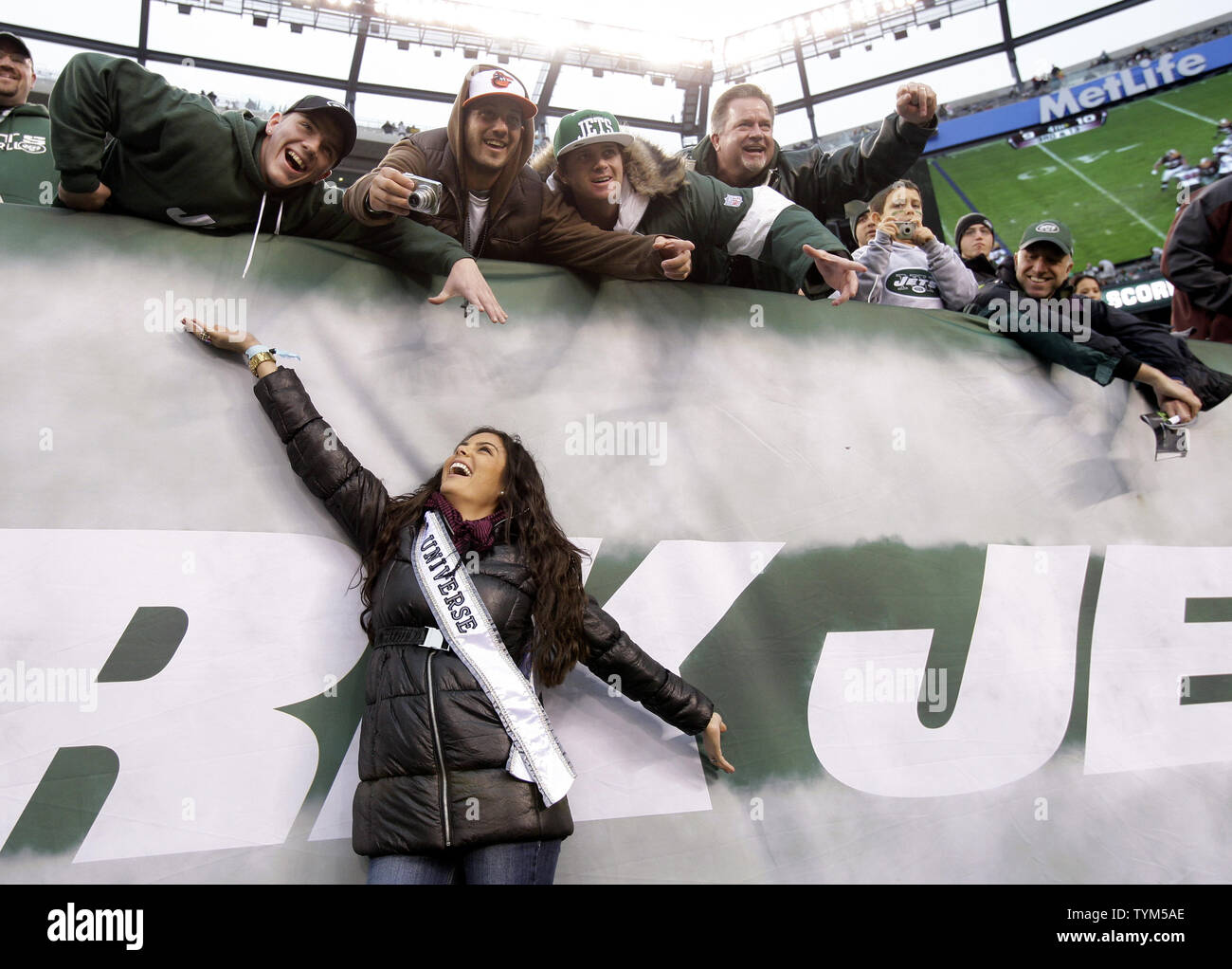 Miss Universe Ximena Navarrete reacts with fans before the New York Jets play the Miami Dolphins in week 14 of the NFL season at New Meadowlands Stadium in East Rutherford, New Jersey on December 12, 2010. The Dolphins defeated the Jets 10-6.    UPI /John Angelillo Stock Photo