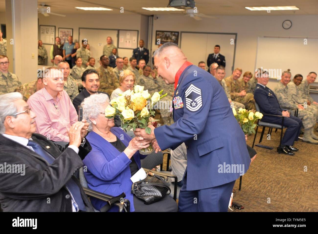 Chief Master Sgt. Anthony G. Jimenez retires from the Texas Air National Guard after 28 years of service during his retirement cereomy held here Nov. 17, 2018.  More than 60 family, friends and coworkers attended to support Jimenez as he closes the chapter in his military career. Stock Photo