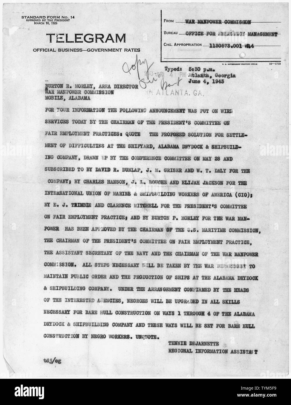 Telegram from Tennie Dejarnette, Regional Information Assistant, to Burton R. Morley, Area Director, relaying the announcement from the Chairman of the President's Committee on Fair Employment practices regarding pay discrepencies at the Alabama Dry Dock and Shipyard Corporation. Stock Photo