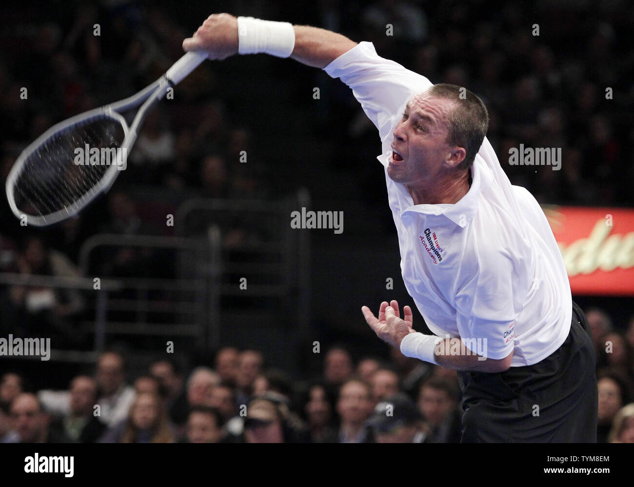 Tennis Legend Ivan Lendl serevs to John McEnroe at the BNP Paribas