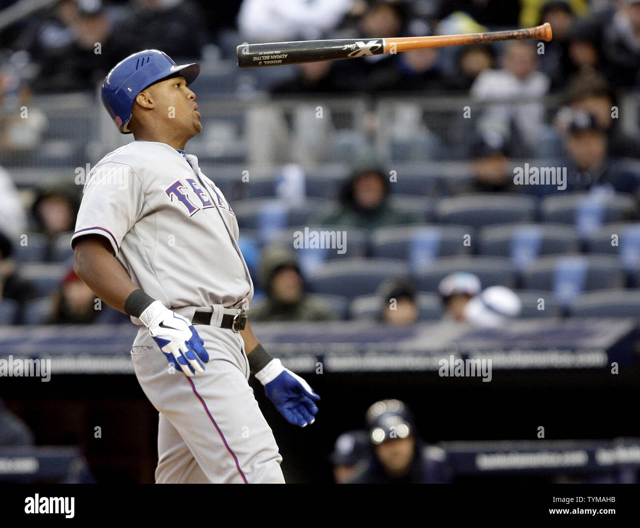 Texas Rangers Adrian Beltre throws his bat while at the plate in the eighth inning against the New York Yankees at Yankee Stadium in New York City on April 16, 2011.       UPI/John Angelillo Stock Photo