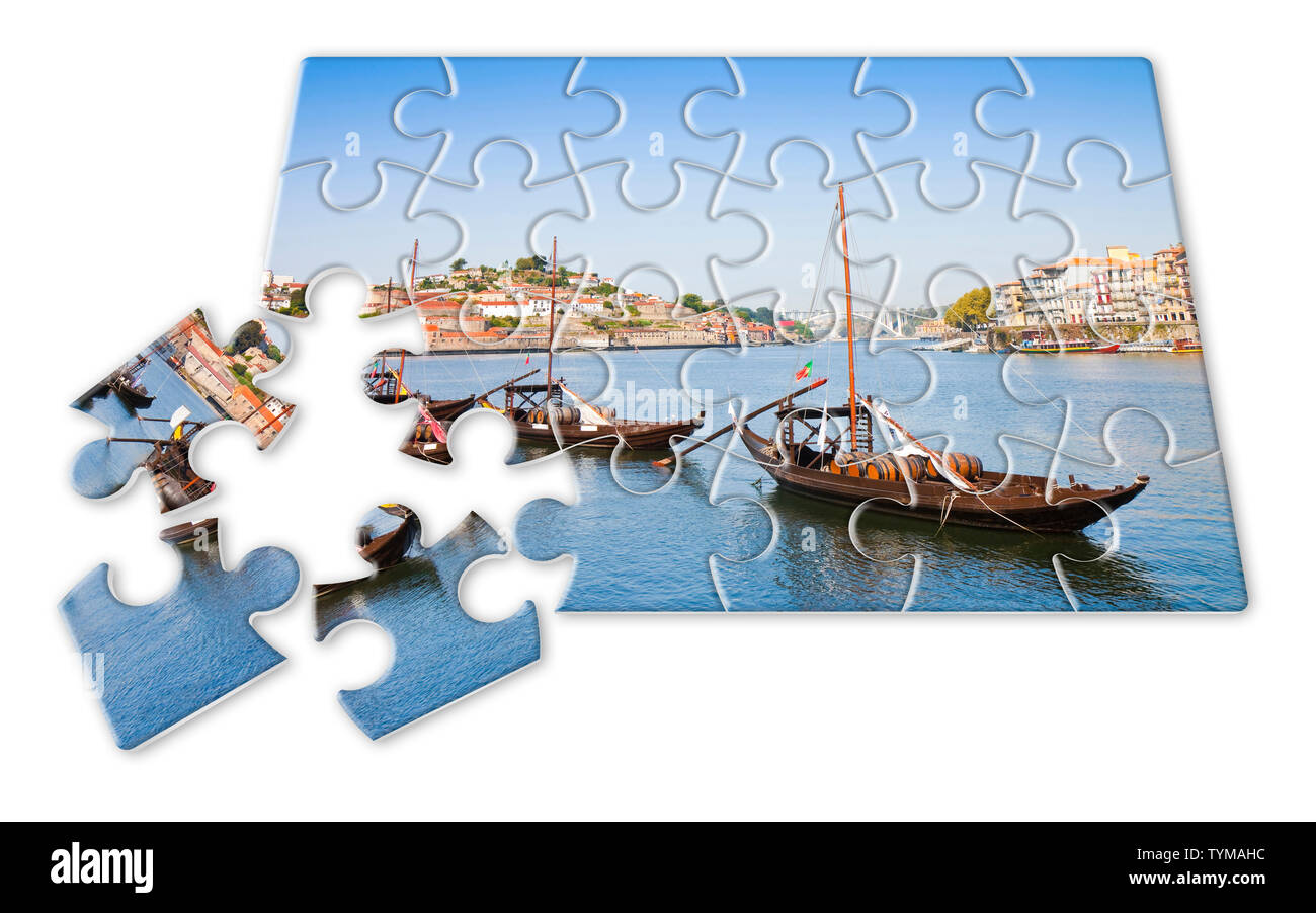 Plan your portuguese holiday - Concept in puzzle shape - Typical portuguese boats used in the past to transport the famous port wine Stock Photo