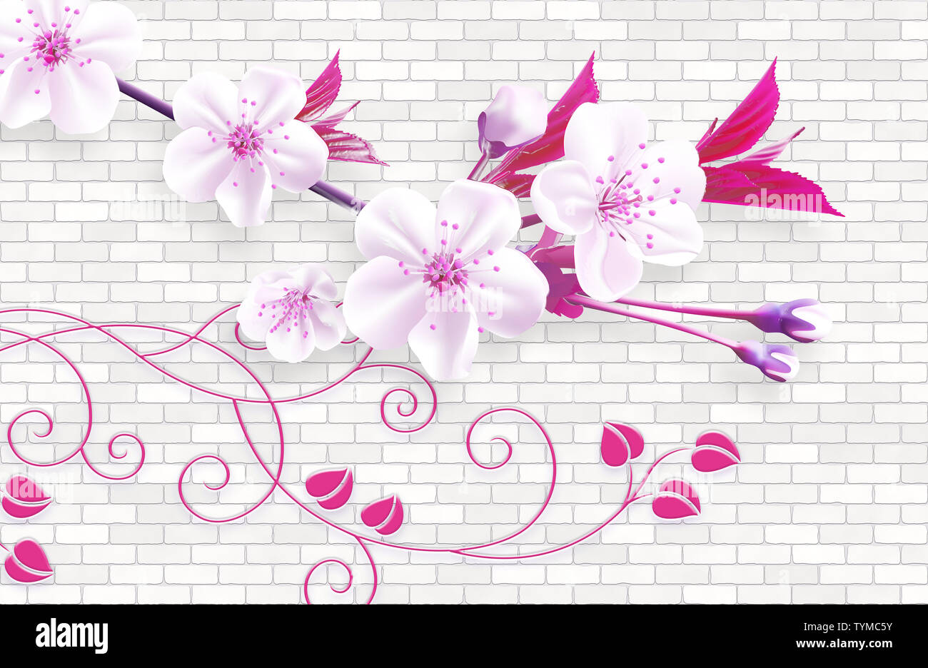 3d wallpaper abstract background with wall bricks and pink flowers green branch Stock Photo - Alamy 3d wallpaper abstract background with wall bricks and pink flowers green branch Stock Photo - Alamy