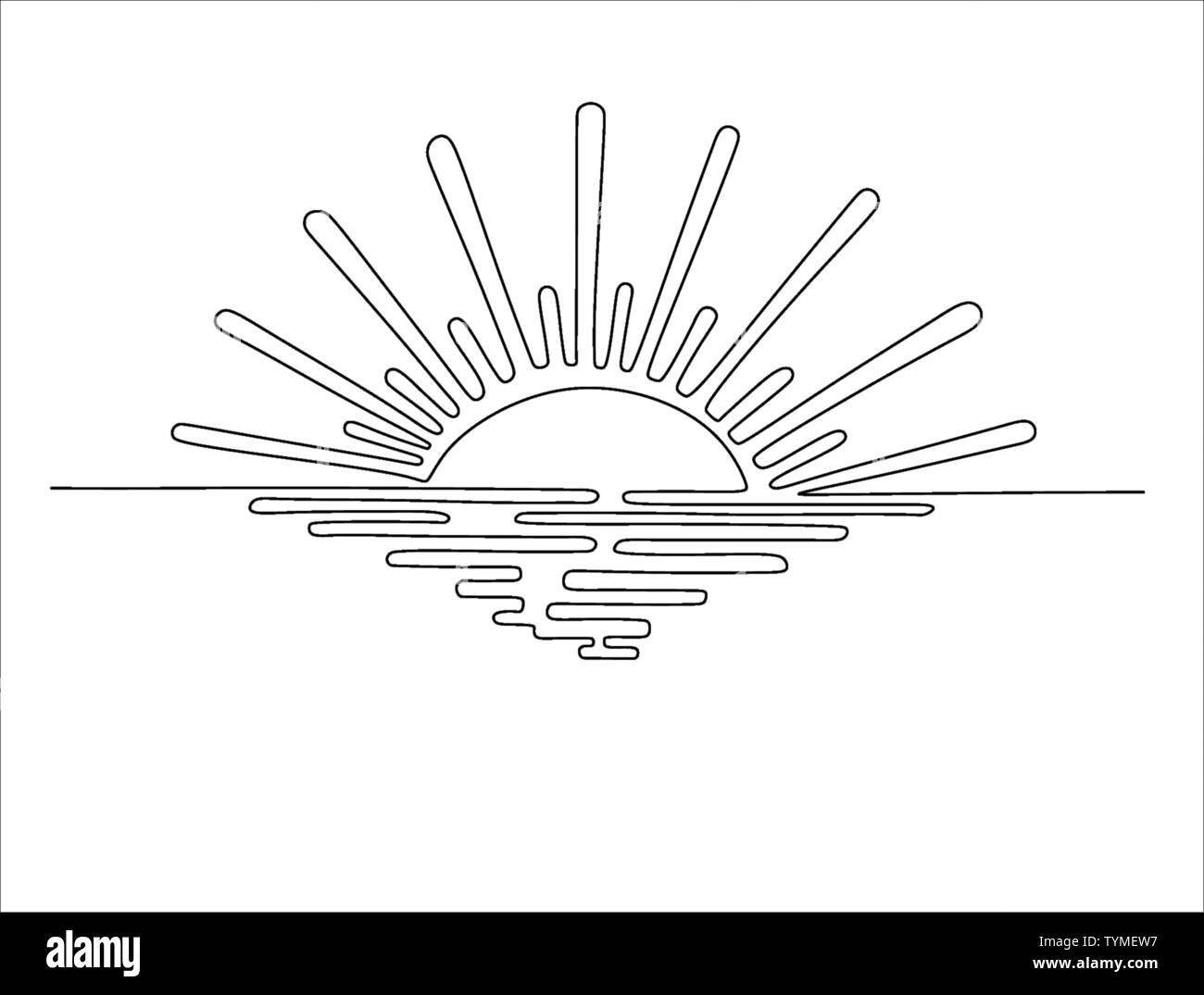 Continuous one line drawing. Sunset on the sea. Vector illustration. Stock Vector