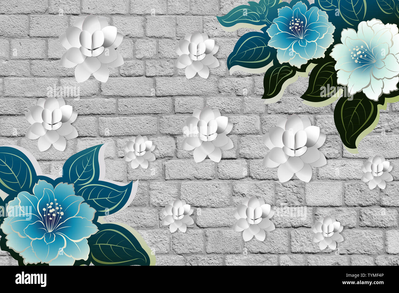 https://c8.alamy.com/comp/TYMF4P/3d-flower-wallpaper-with-wall-of-bricks-wood-stone-and-leaf-TYMF4P.jpg