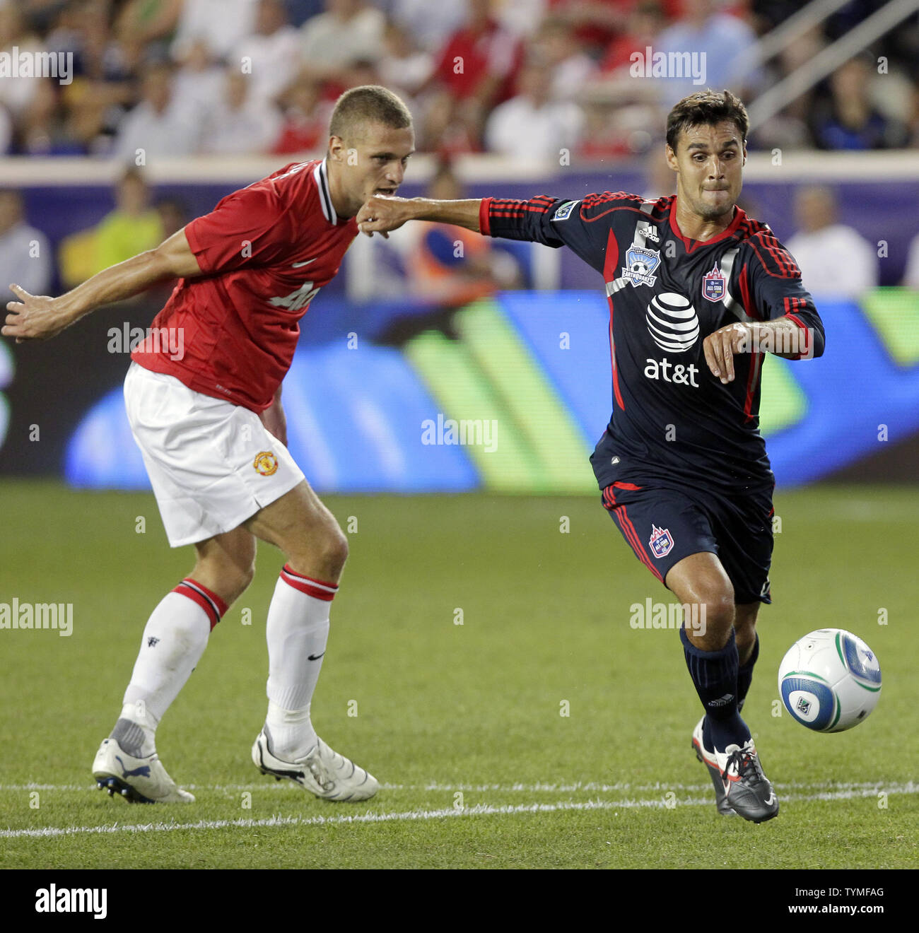 MLS All-Stars Chris Wondolowski moves the ball up the field in the second half against Manchester United at the 2011 MLS All-Star Game at Red Bull Arena in Harrison, New Jersey on July 27, 2011. Manchester defeated the All-Stars 4-0.       UPI /John Angelillo Stock Photo