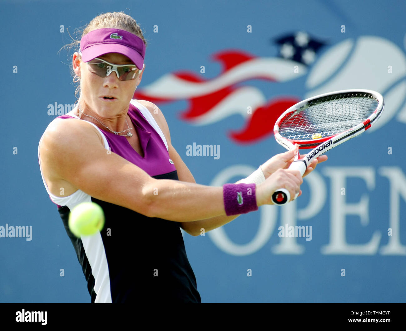 Samantha Stosur of Austria returns the ball to Coco Vandeweghe, USA, during second-round action at the U.S. Open held at the National Tennis Center on August 31, 2011 in New York.     UPI/Monika Graff Stock Photo