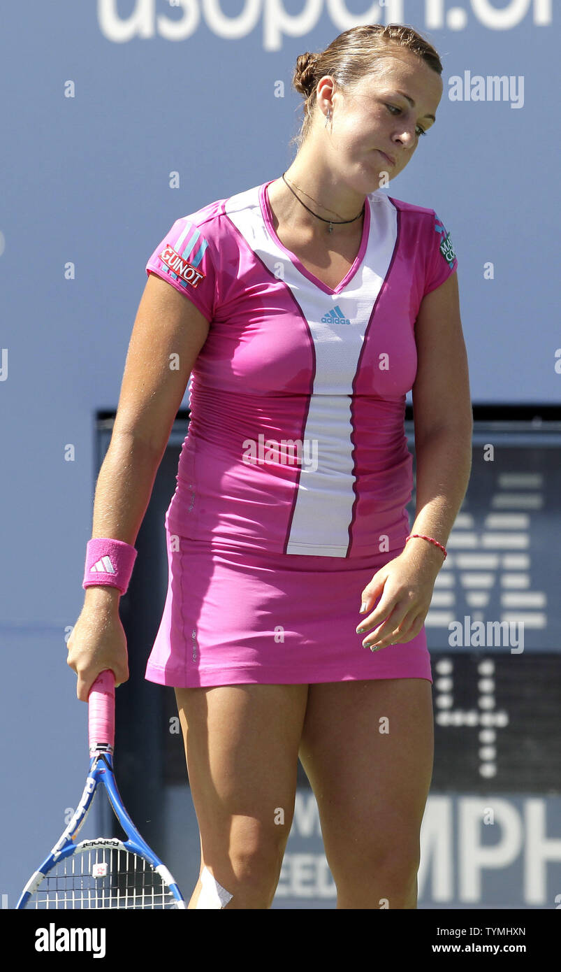 Anastasia Pavlyuchenkova of Russia reacts after losing the first set to Serena Williams, USA, during their quarter-finals match at the U.S. Open held at the National Tennis Center on September 8, 2011 in New York.     UPI/Monika Graff Stock Photo