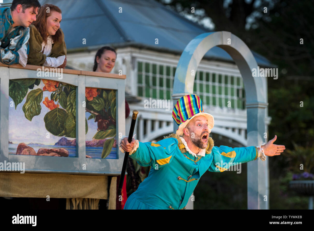Actor David Sayers performing in an outdoor theatre production of The Tempest by Illyria Theatre in Falmouth in Cornwall. Stock Photo