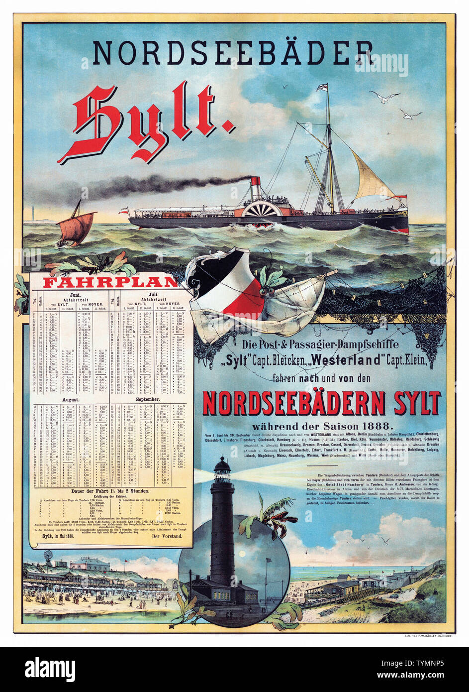 Restored vintage travel poster. Nordseebäder Sylt. Germany. Artist unknown. Published 1888. Stock Photo