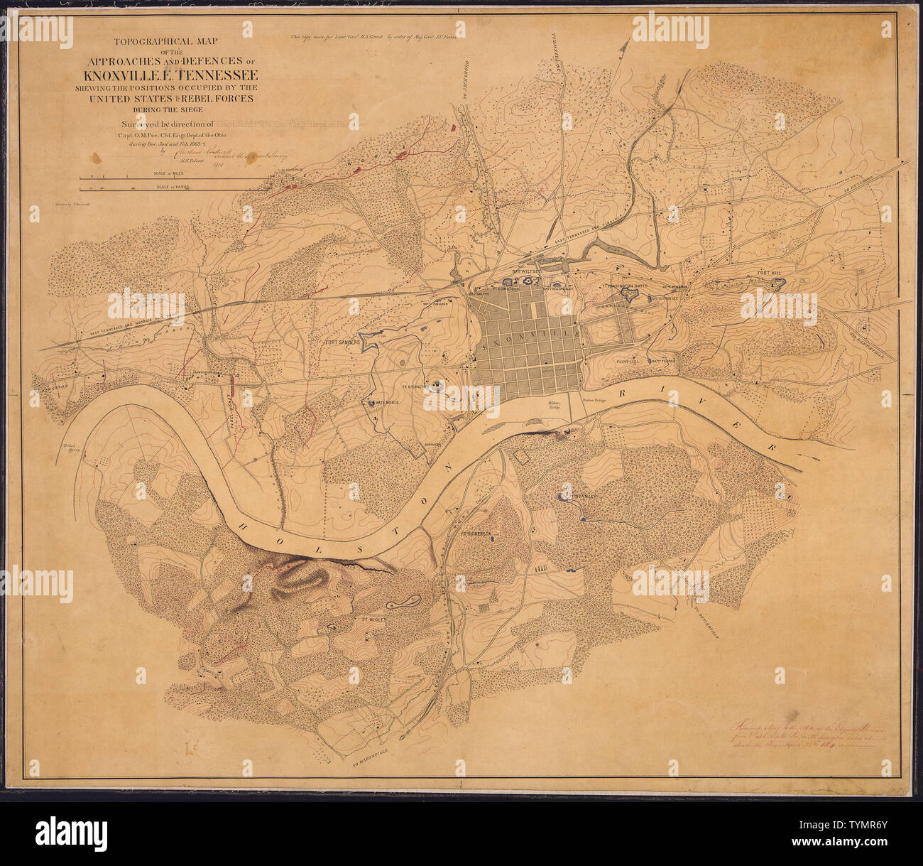 Topographical Map of the Approaches and Defenses of Knoxville, E. Tennessee, Shewing the Positions Occupied by the United States & Rebel Forces during the Siege. Surveyed by direction of Capt. O. M. Poe, Chf. Engr., Dept. of the Ohio, during Dec., Jan., and Feb., 1863-4, by [signed] Cleveland Rockwell, Sub. Asst., U.S. Coast Survey, [and] R. H. Talcott, Aid ... Drawn by C. Rockwell. Stock Photo