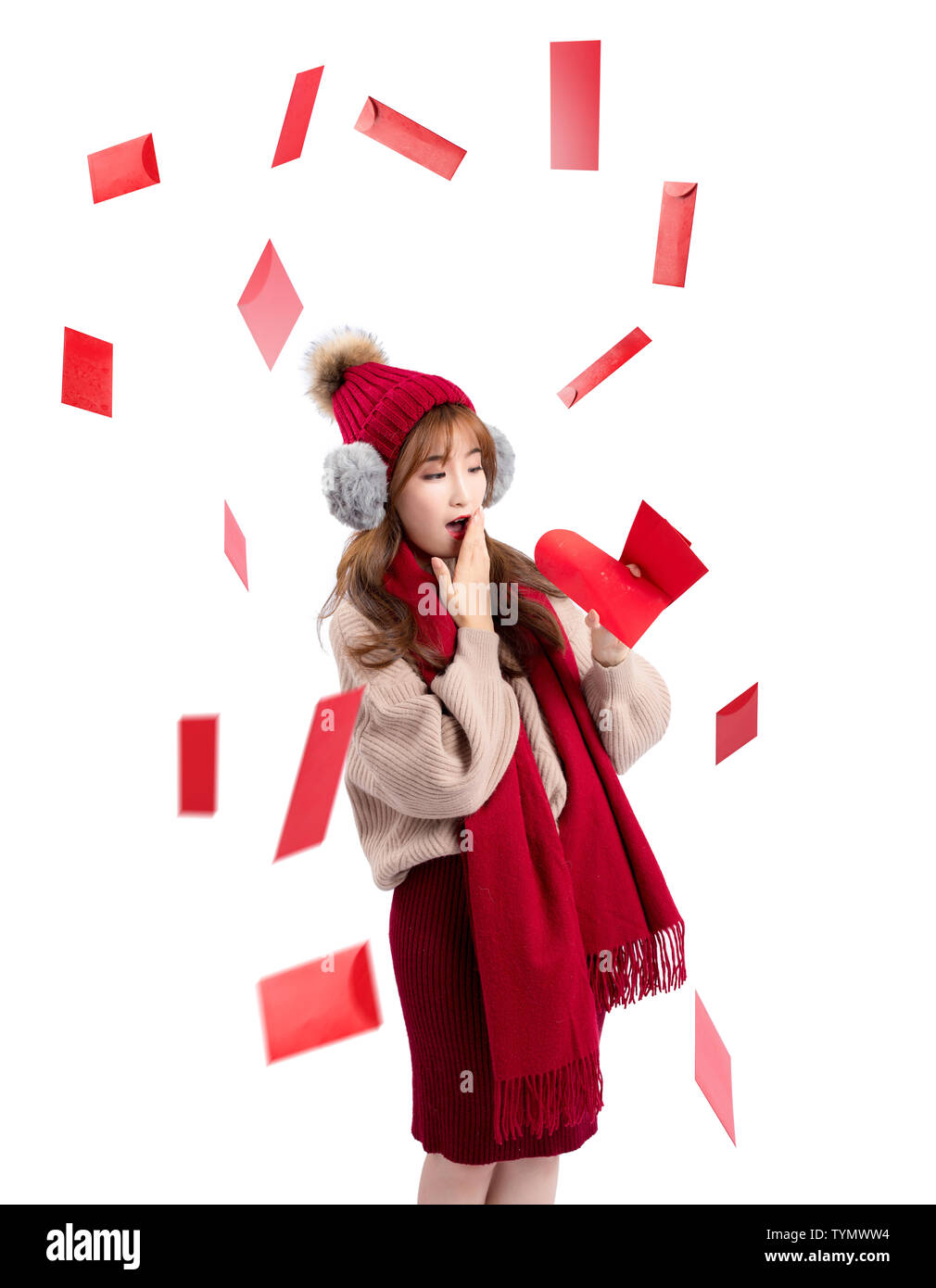 Red envelopes rain beauty on white background Stock Photo