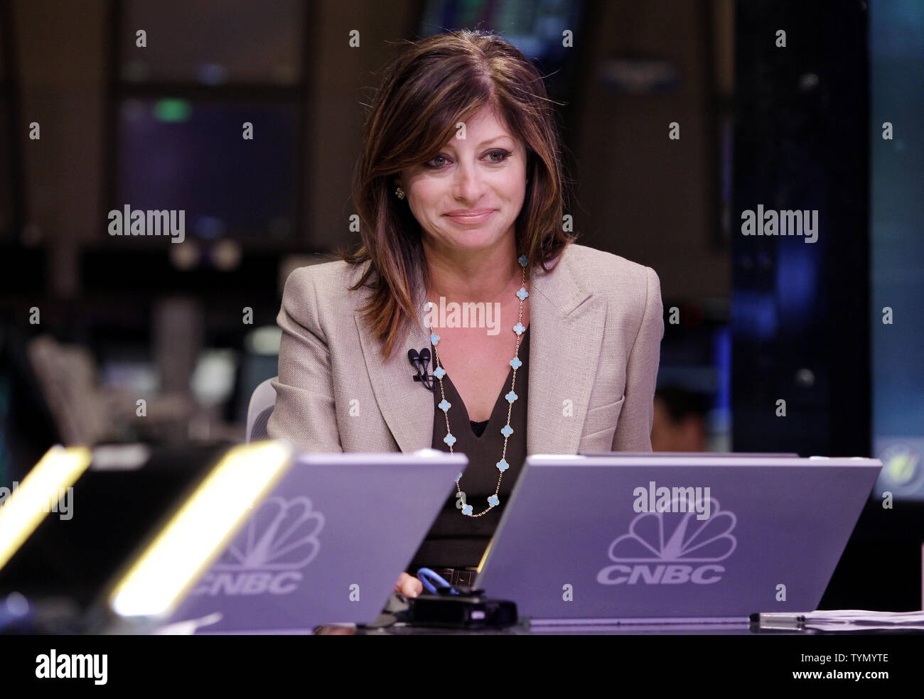 Maria Bartiromo, anchor of CNBC's 'Closing Bell', broadcasts from the floor of the New York Stock Exchange moments before the closing bell at the NYSE on Wall Street In New York City on April 23, 2012.    UPI/John Angelillo Stock Photo