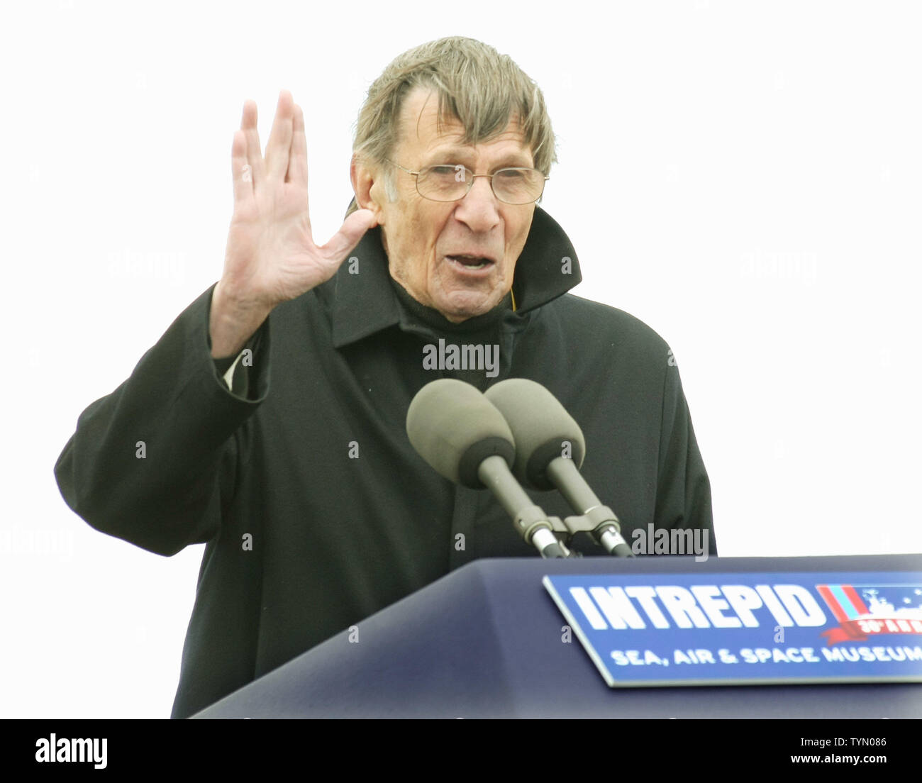 Leonard Nimoy, who played the character Mr. Spock in the TV series 'Star Trek,' speaks at a ceremony following the landing of the Space Shuttle Enterprise at John F. Kennedy International Airport on April 27, 2012 in New York City. Enterprise is part of NASA's retired space shuttle program and will be permanently displayed at the Intrepid Sea, Air & Space Museum starting in June.     UPI/ Monika Graff Stock Photo