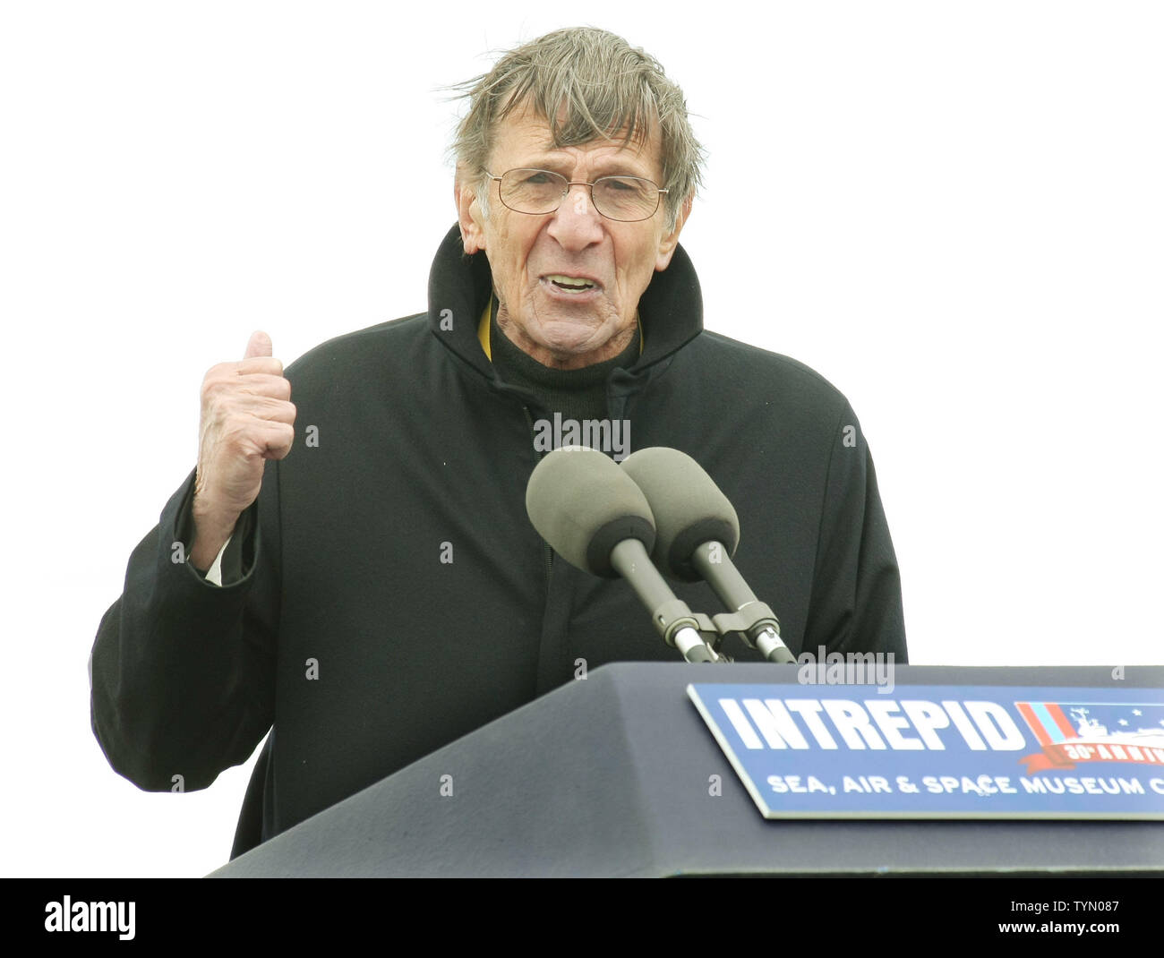 Leonard Nimoy, who played the character Mr. Spock in the TV series 'Star Trek,' speaks at a ceremony following the landing of the Space Shuttle Enterprise at John F. Kennedy International Airport on April 27, 2012 in New York City. Enterprise is part of NASA's retired space shuttle program and will be permanently displayed at the Intrepid Sea, Air & Space Museum starting in June.     UPI/ Monika Graff Stock Photo