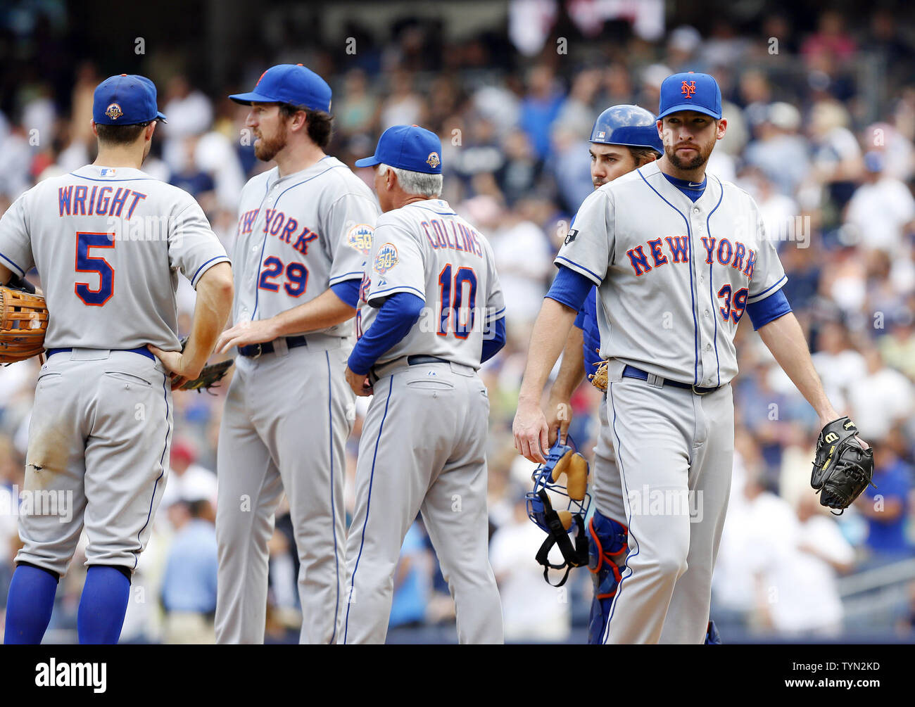 New York Mets manager Terry Collins takes relief pitcher Bobby Parnell out of the game in the eighth inning against the New York Yankees at Yankee Stadium in New York City on June 10, 2012.     UPI/John Angelillo Stock Photo