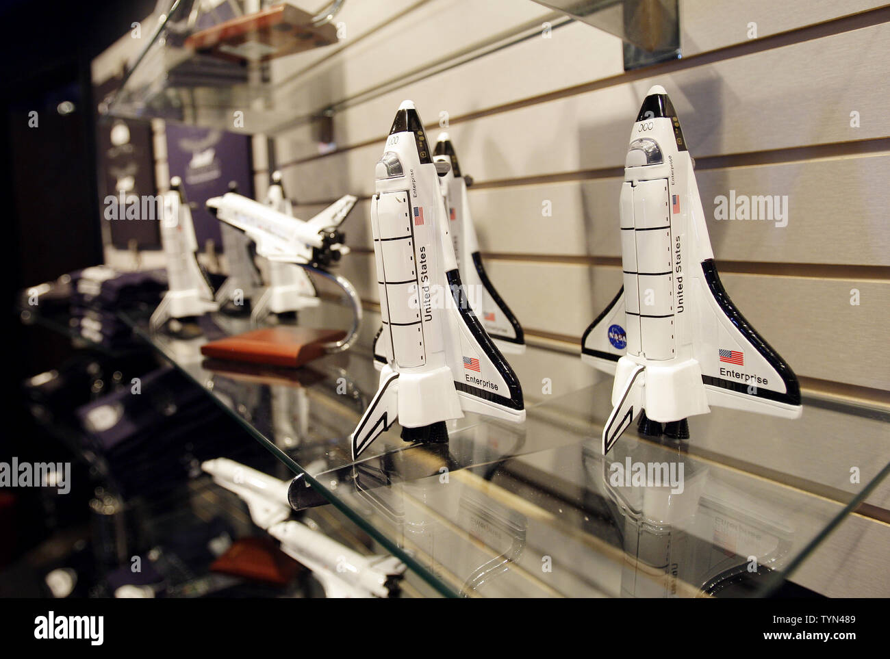 The gift shop sells miniature NASA Space Shuttle Enterprise models at the  new Space Shuttle Pavilion on the flight deck of the Intrepid Sea Air and  Space Museum in New York City