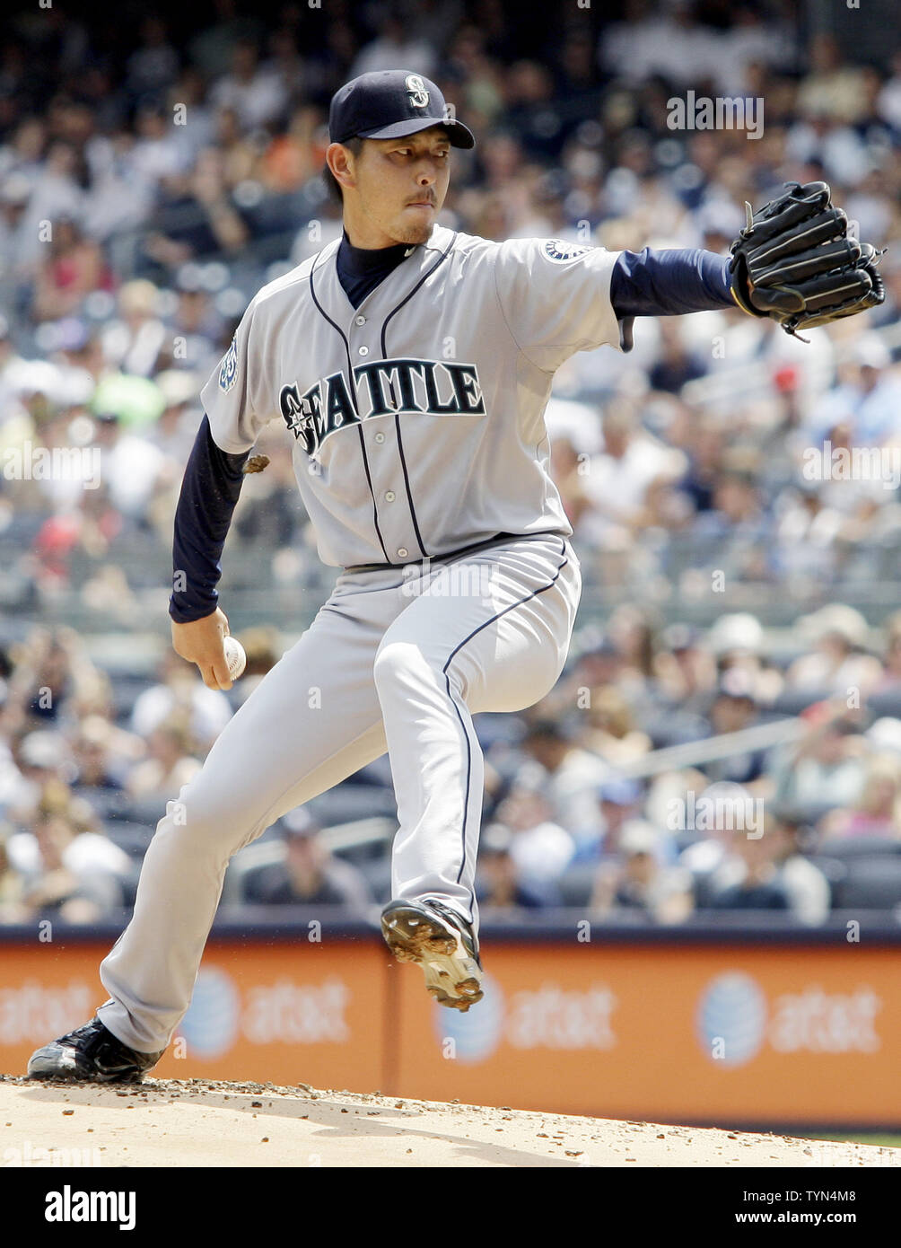 Seattle Mariners starting pitcher Hisashi Iwakuma throws a pitch in the first inning against the New York Yankees at Yankee Stadium in New York City on August 5, 2012.     UPI/John Angelillo Stock Photo