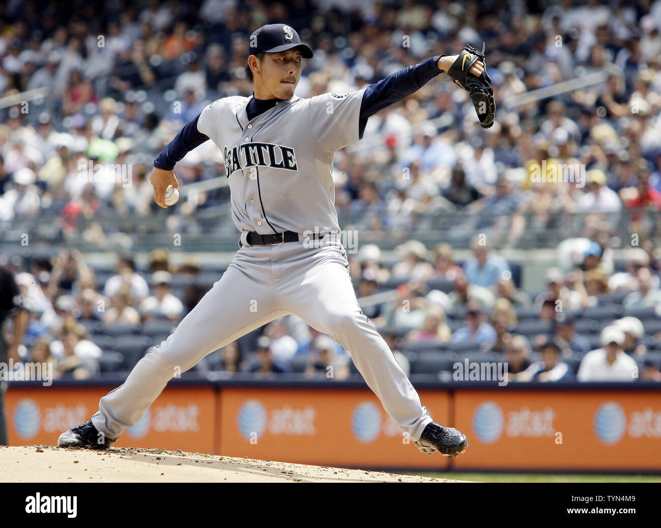 Seattle Mariners starting pitcher Hisashi Iwakuma throws a pitch in the first inning against the New York Yankees at Yankee Stadium in New York City on August 5, 2012.     UPI/John Angelillo Stock Photo