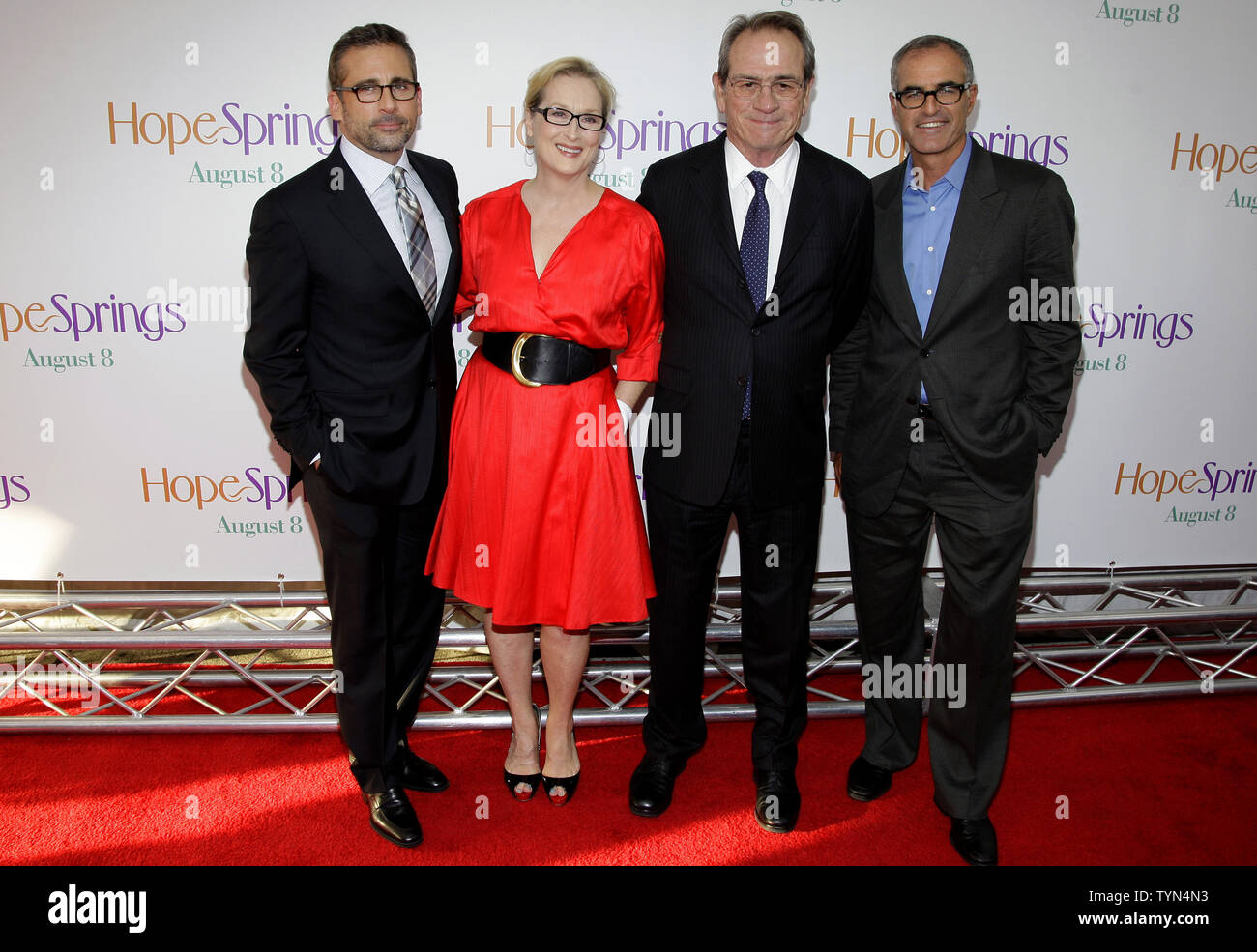 Steve Carell, Meryl Streep, Tommy Lee Jones and David Frankel arrive on the red carpet at the world premiere of Columbia Pictures 'Hope Springs' at the SVA Theater in New York City on August 6, 2012.       UPI/John Angelillo Stock Photo