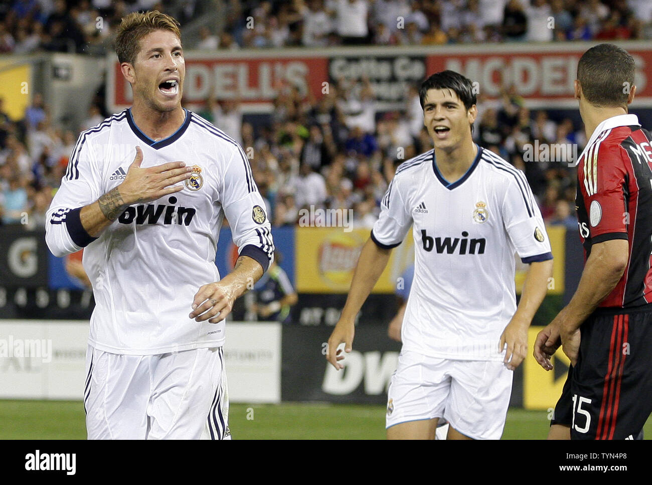 Real Madrid Sergio Ramos reacts after scoring a goal in the second half against  A.C. Milan at the Herbalife World Football Match Challenge 2012 at Yankee Stadium in New York City on August 8, 2012.  Real Madrid defeated A.C. Milan 5-1.     UPI/John Angelillo Stock Photo