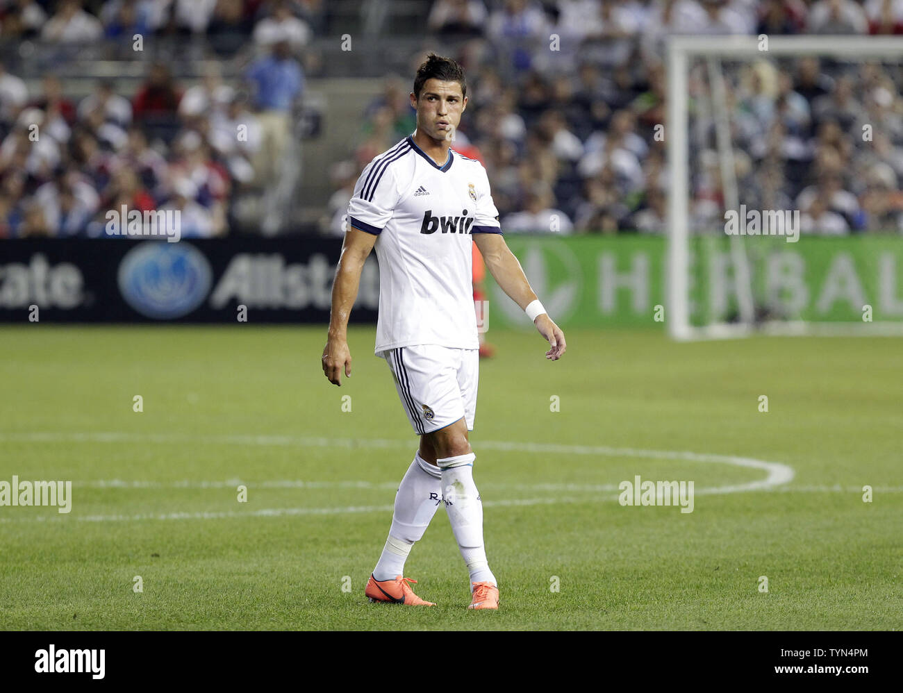 Real Madrid Cristiano Ronaldo stands on the field in the first half against  A.C. Milan at the Herbalife World Football Match Challenge 2012 at Yankee  Stadium in New York City on August