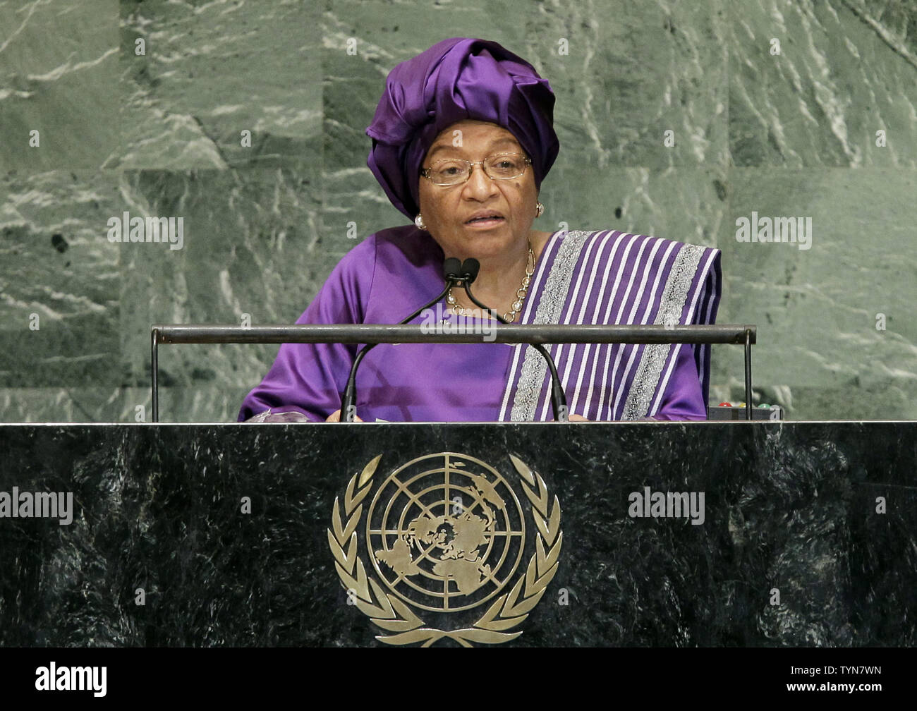 Her Excellency Ellen Johnson-Sirleaf, President of the Republic of Liberia addresses the United Nations at the 67th United Nations General Assembly in the UN building in New York City on September 26,