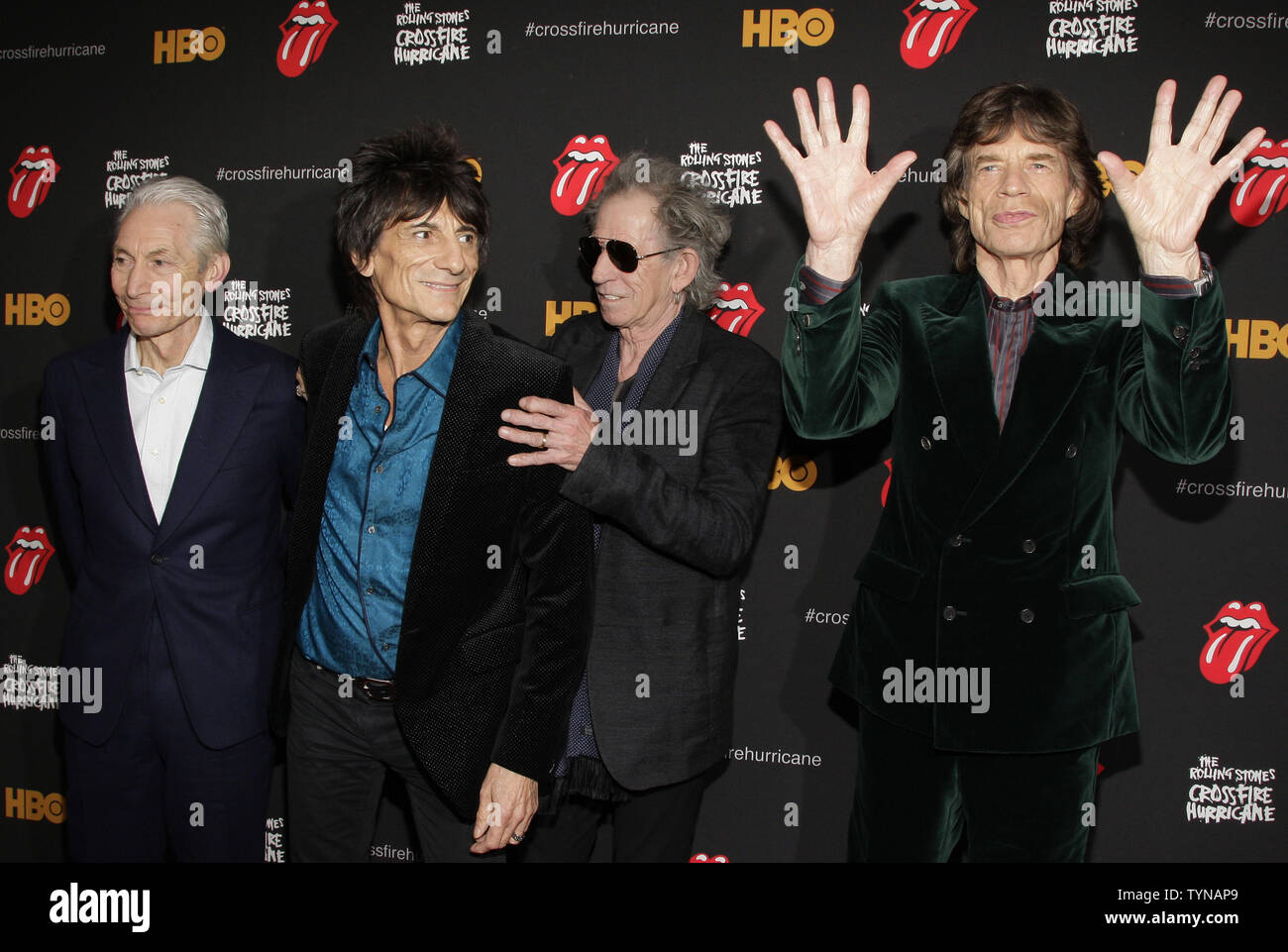 Mick Jagger, Keith Richards, Ronnie Wood and Charlie Watts of the Rolling Stones arrive on the red carpet at the premiere of HBO's Crossfire Hurricane at the the Ziegfeld Theater in New York City on November 13, 2012.       UPI/John Angelillo Stock Photo