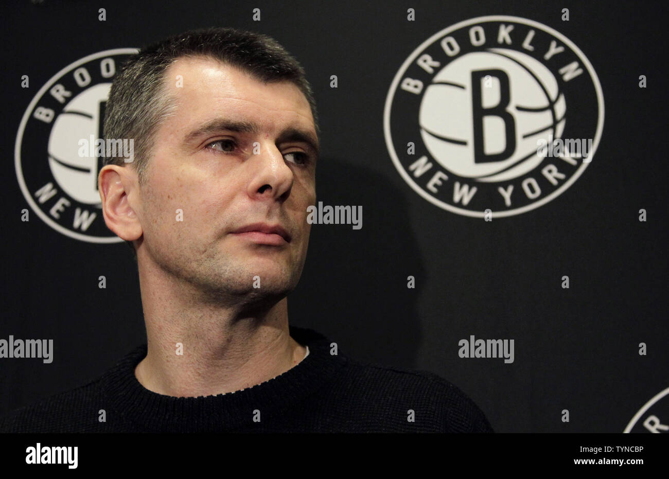 Brooklyn Nets owner Mikhail Prokhorov speaks at a press conference at