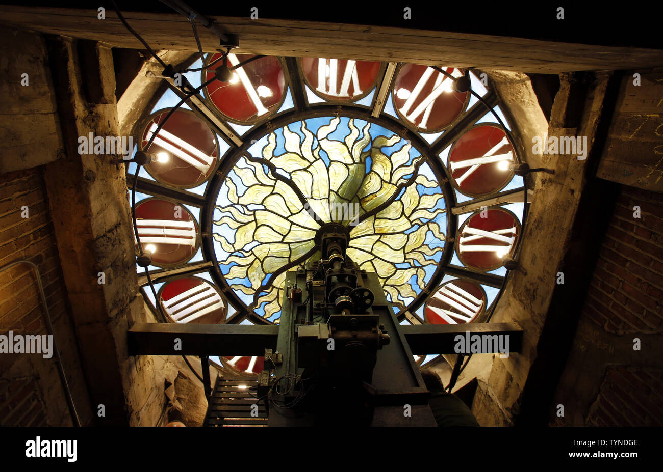 A cat walk leads to the giant and still functioning stained glass Tiffany Clock one day before the Grand Central Terminal Centennial Celebration In New York City on January 31, 2013. Grand Central is the worlds largest train terminal with 45 track platforms and 63 tracks.    UPI/John Angelillo Stock Photo