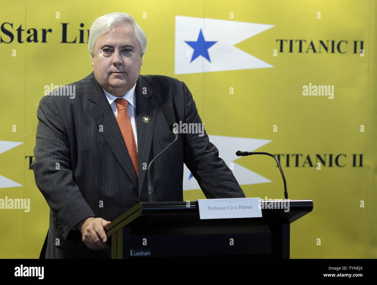 Australian billionaire chairman of the shipping company Blue Star Line, Clive Palmer, discusses plans for the company's planned Titanic II cruise ship at the Intrepid Sea, Air & Space Museum in