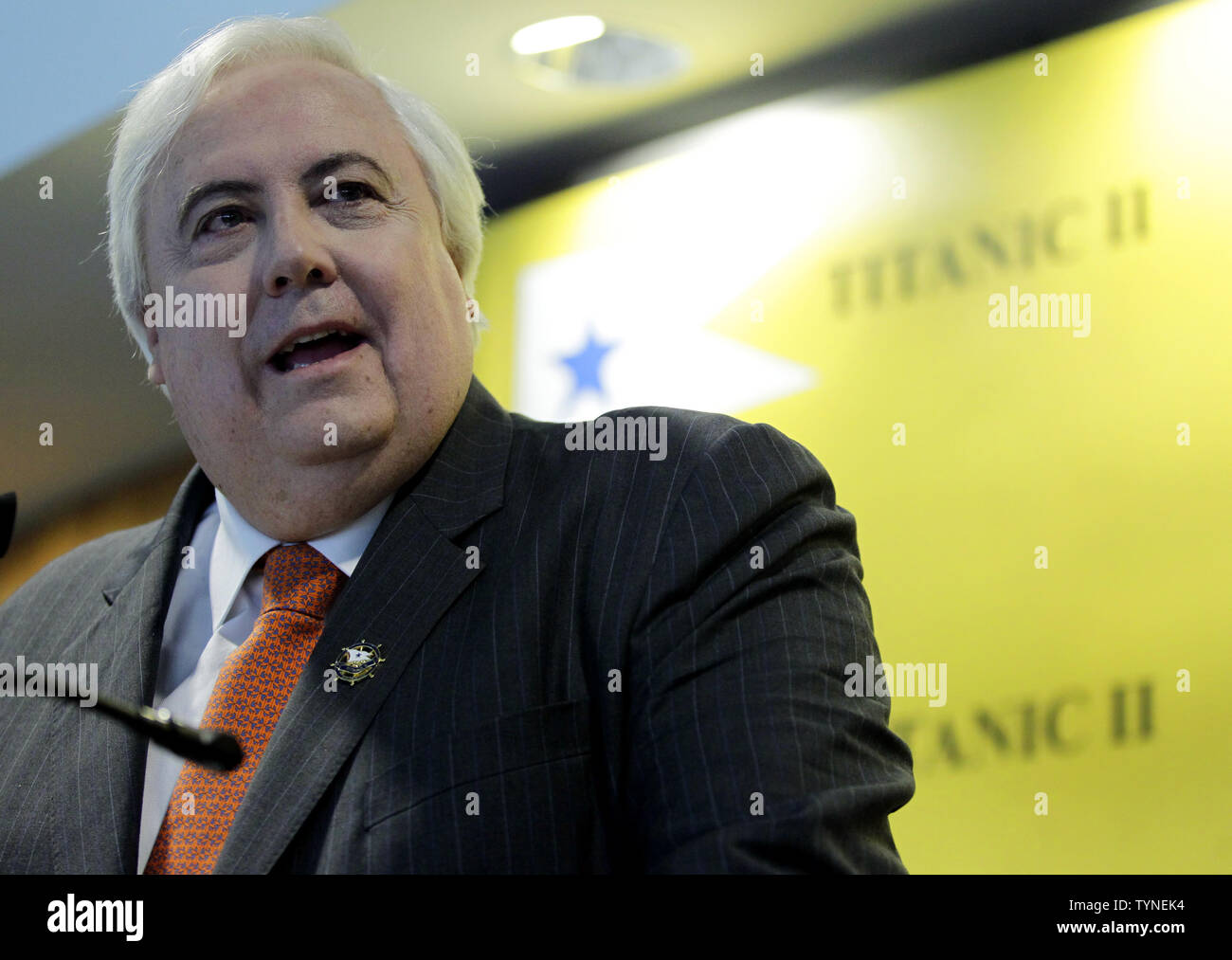 Australian billionaire and chairman of the shipping company Blue Star Line, Clive Palmer, discusses plans for the company's planned Titanic II cruise ship at the Intrepid Sea, Air & Space Museum in New York City on February 26 2013. The ship was designed by marine engineering company Deltamarin Ltd. of Raisio, Finland, and is scheduled to be completed by 2016 by the CSC Jinling Shipyard Co. in China.    UPI/John Angelillo Stock Photo
