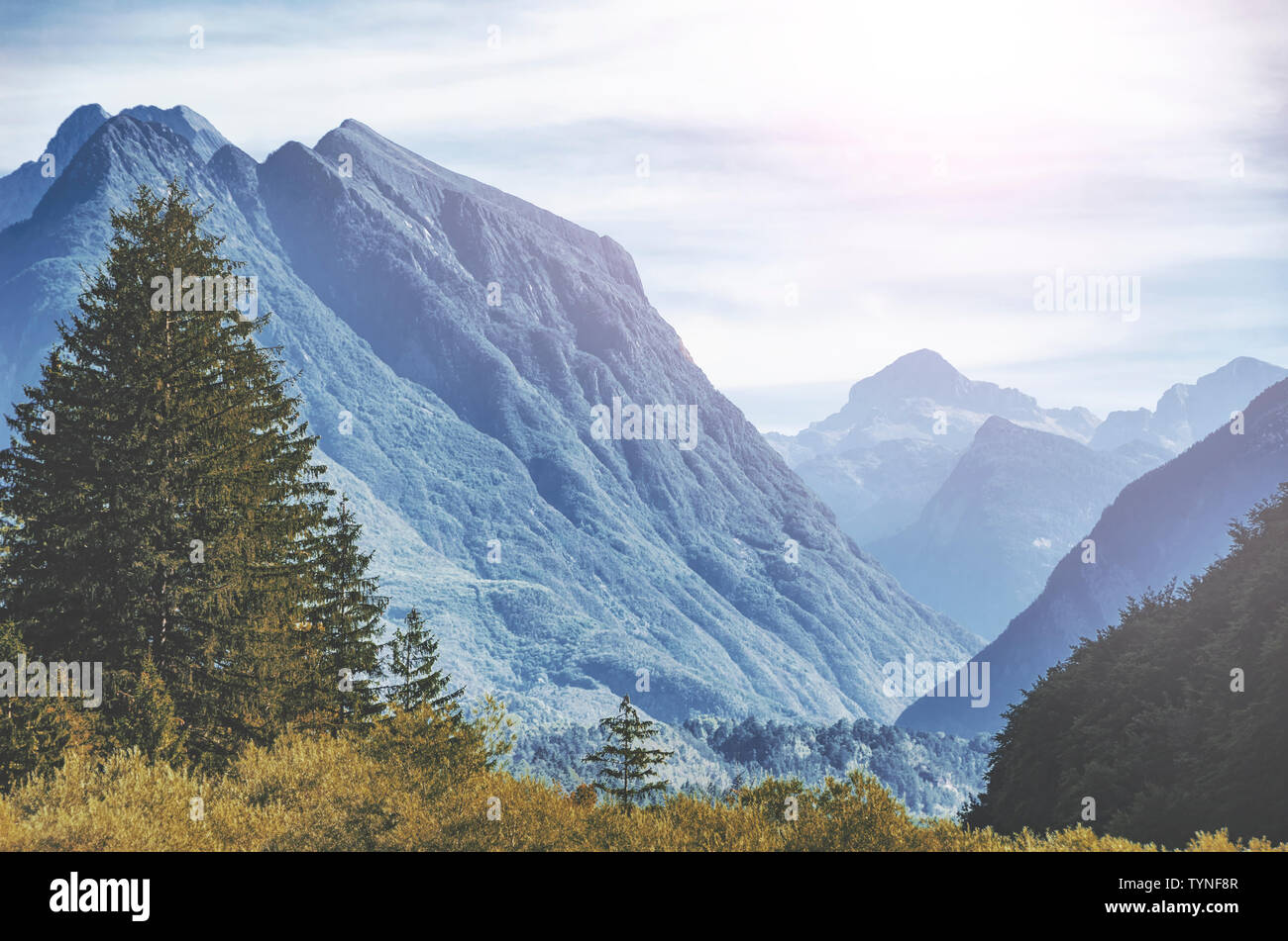 Magic mountain landscape in Slovenia. Julian Alps near Bovec town. Muted colors. Stock Photo