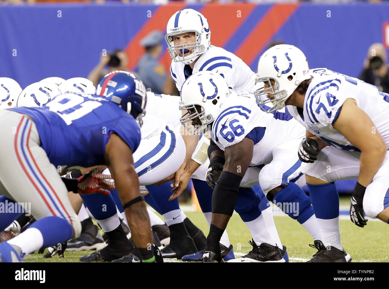 Indianapolis Colts Andrew Luck stands under center in the first quarter against the New York Giants in an NFL preseason game at MetLife Stadium in East Rutherford New Jersey on August 18